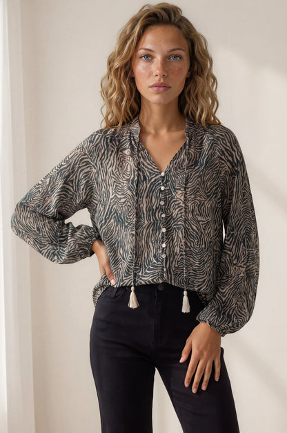 Sergio Blouse - Mandarin Collar Button Down Blouse with Balloon Sleeves in Zebresse Print