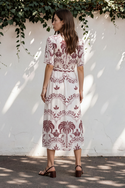 Kaitlyn Midi Dress - V-Neckline Dress with Short Flutter Sleeves in  Maisy Print Wine