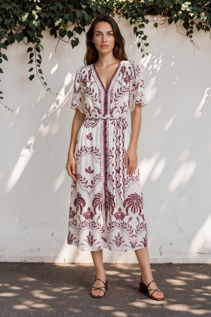 Kaitlyn Midi Dress - V-Neckline Dress with Short Flutter Sleeves in  Maisy Print Wine
