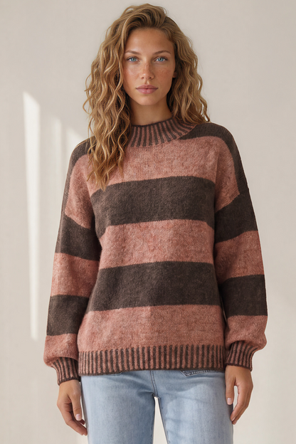 Janie Jumper - Mock Neck Striped Jumper with Contrast Stripe Hemlines in Tobacco