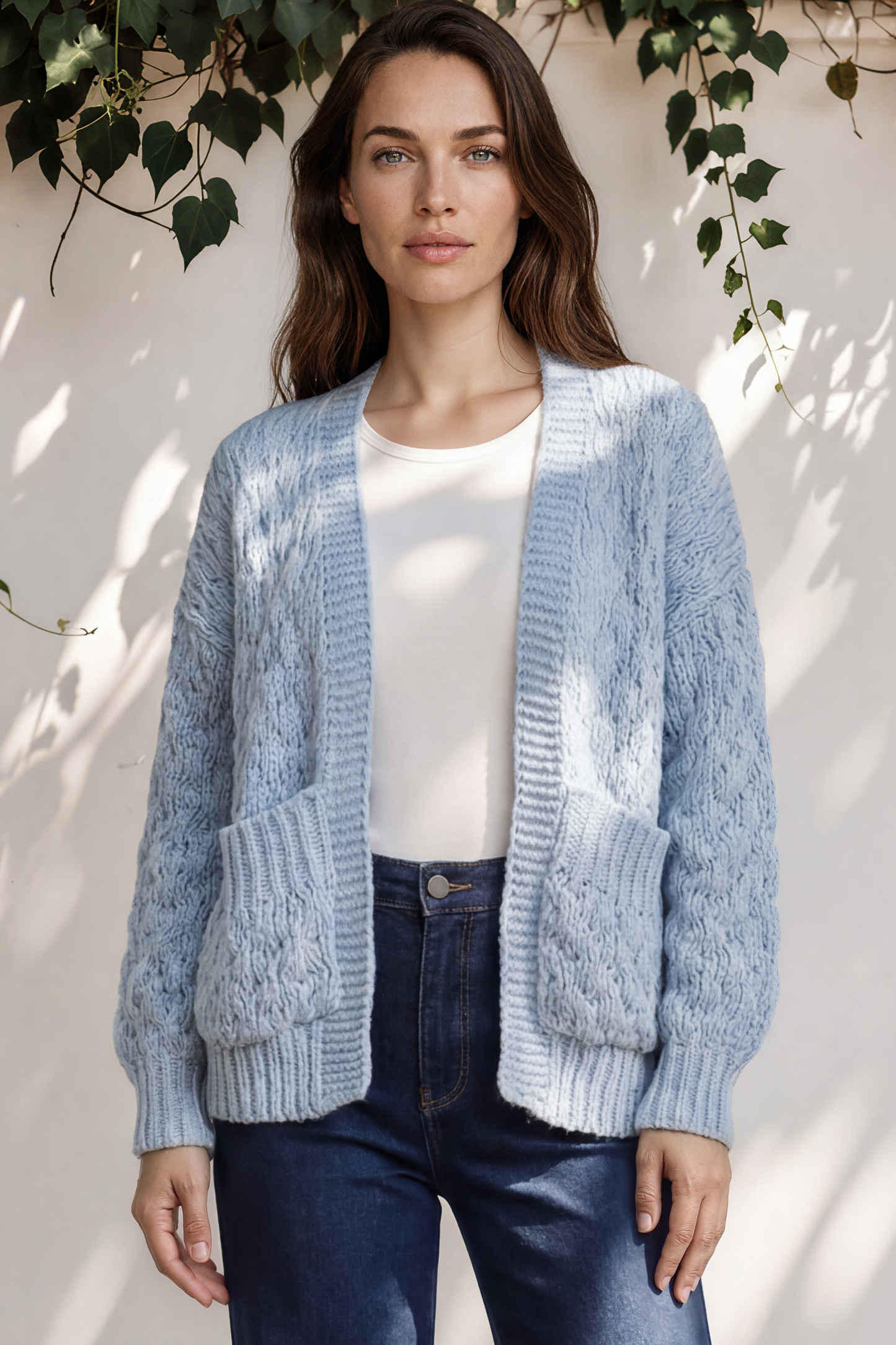 Manny Cardigan - Chunky Open Cropped Cable Knit with Rib Knit Trims and Pockets in Blue