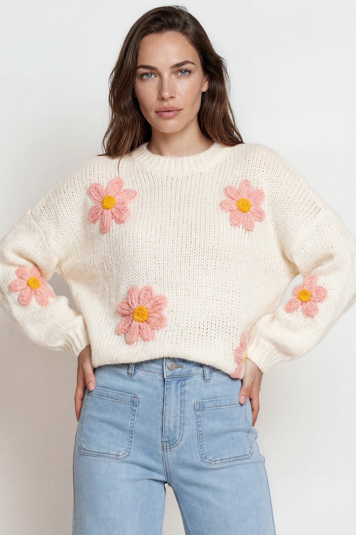 Amara Jumper - Crew Neck Floral Motif Knit with Ribbed Hemlines in White