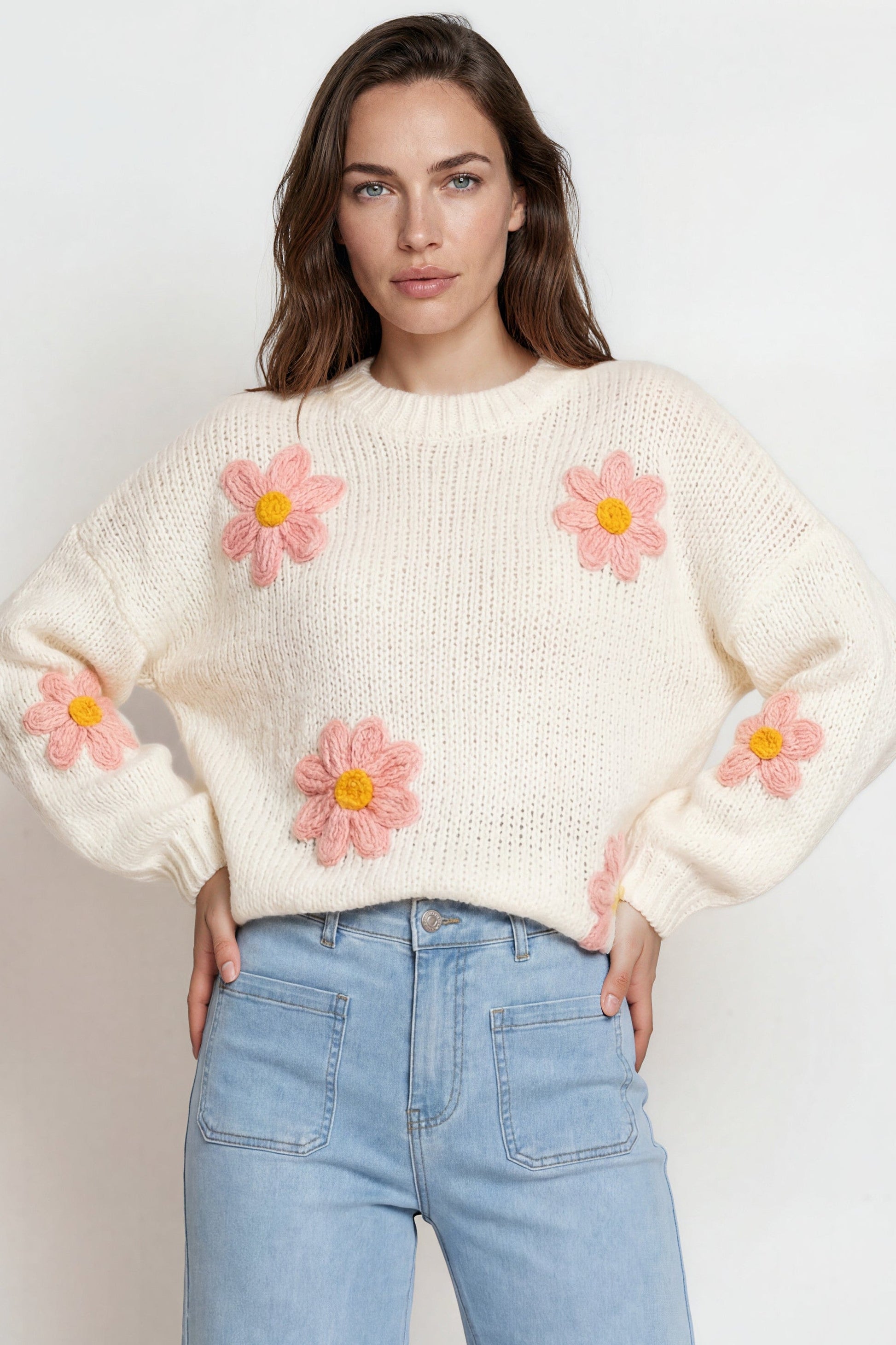 Amara Jumper - Crew Neck Floral Motif Knit with Ribbed Hemlines in White