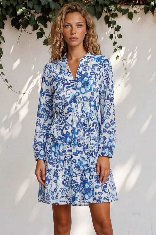 Cadell Mini Dress - Mandarin Collar Buttoned Down Dress in Maison Print