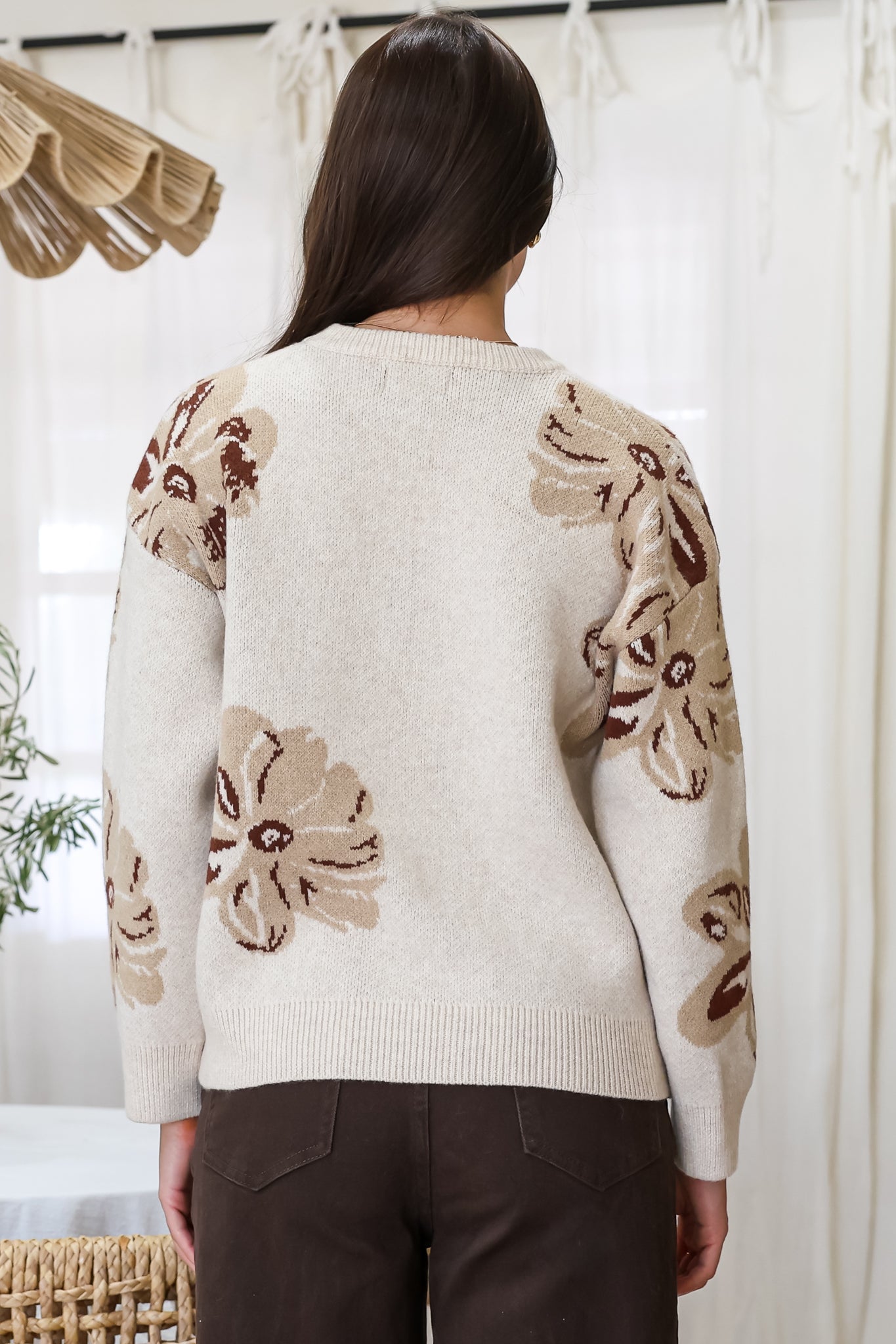 Breezy Jumper - Crew Neck Long Sleeve Floral Knit with Ribbed Hemlines in Beige