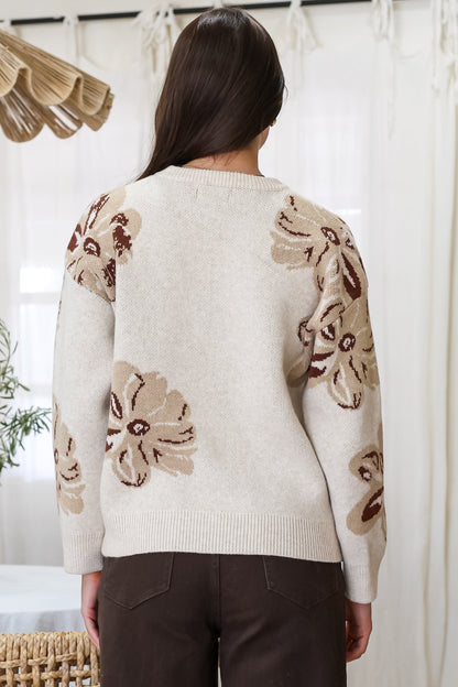 Breezy Jumper - Crew Neck Long Sleeve Floral Knit with Ribbed Hemlines in Beige