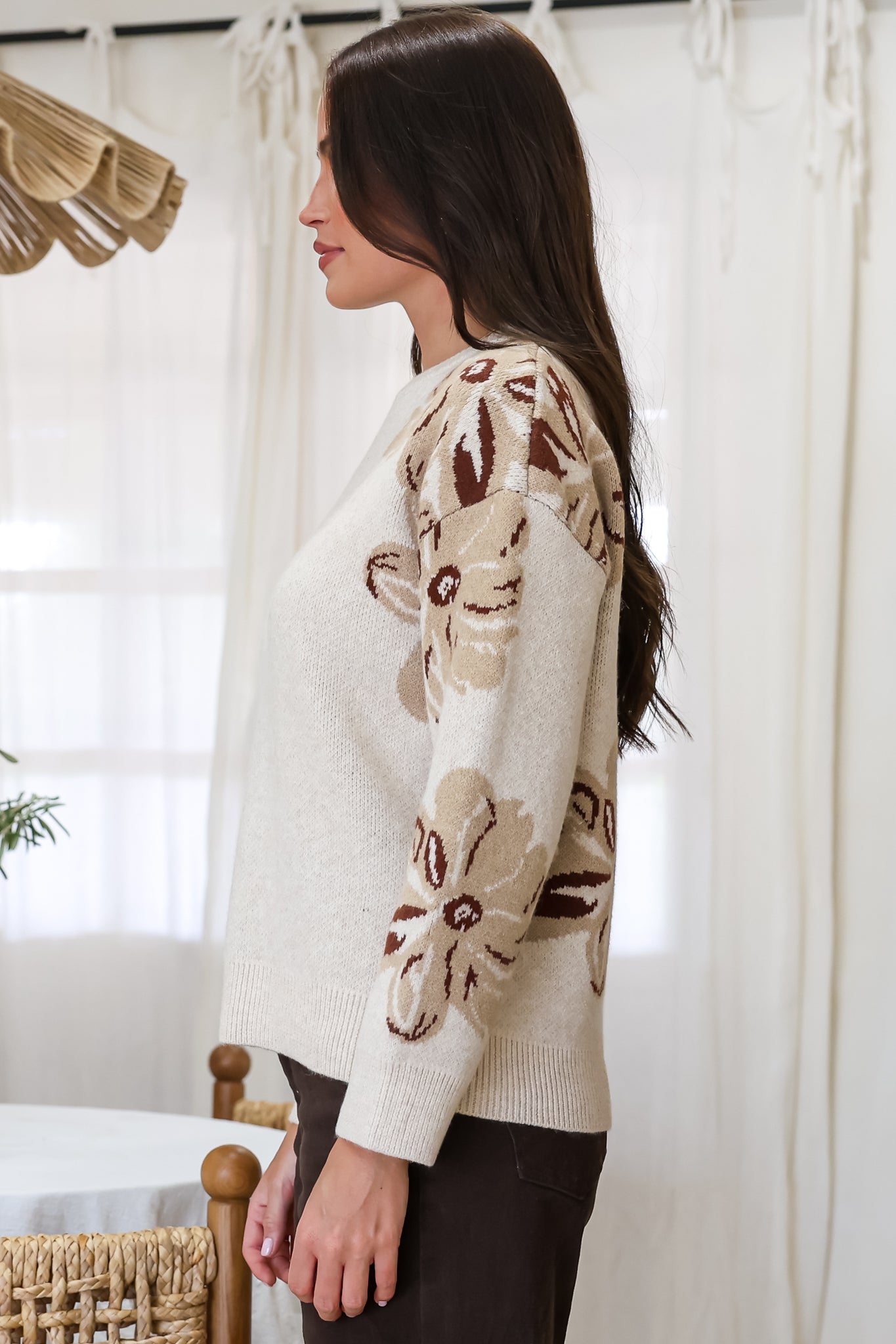Breezy Jumper - Crew Neck Long Sleeve Floral Knit with Ribbed Hemlines in Beige