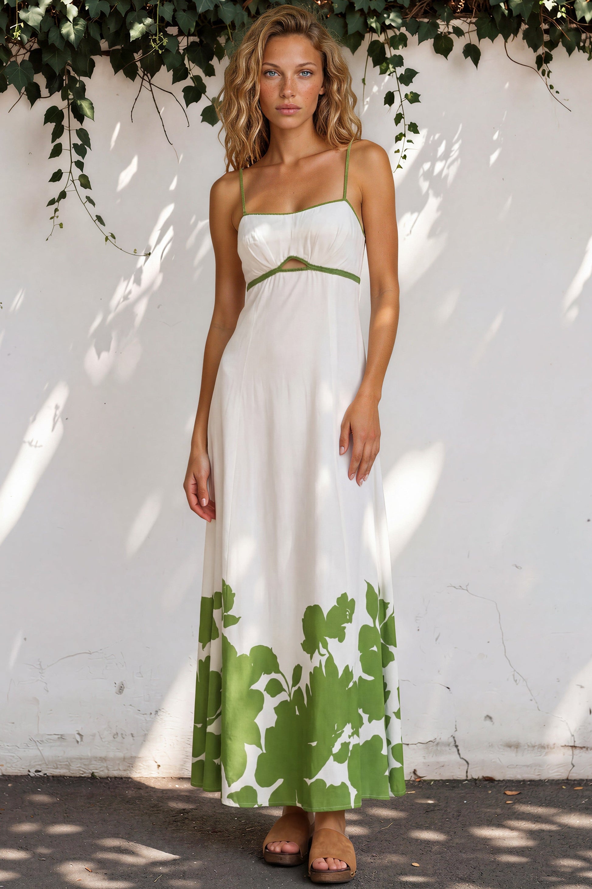 Bria Maxi Dress - Spaghetti Strap A-Line Cut Out Detail Dress in Clover Print