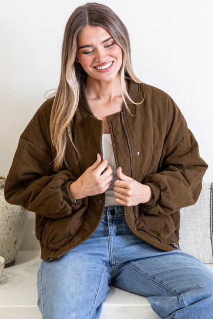Brixton Jacket -  Round Neck Quilted Bomber Jacket with Zipper & Snap Button Closure in Khaki
