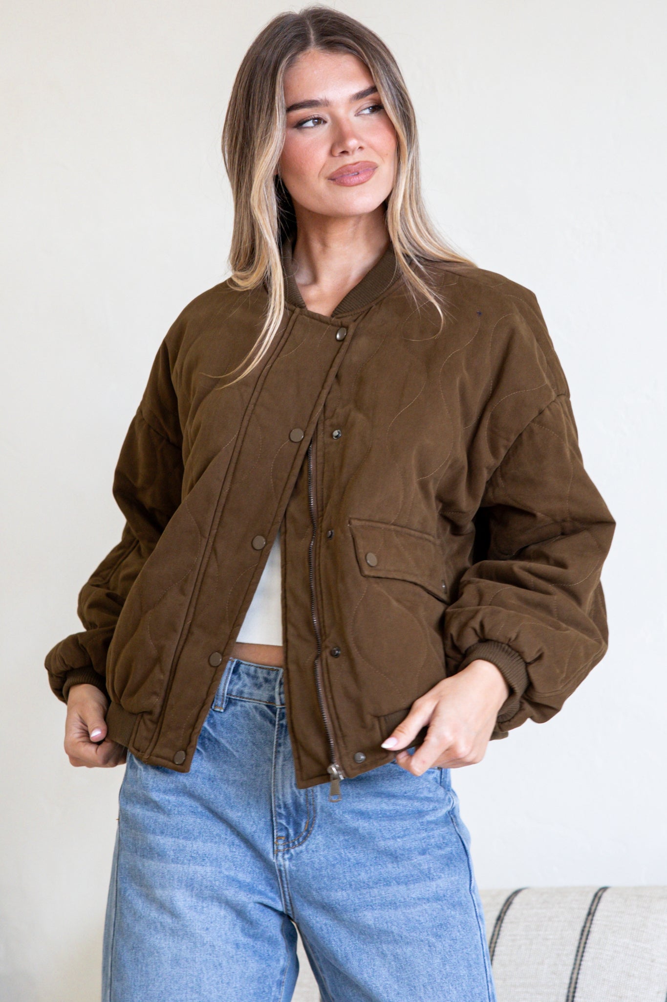 Brixton Jacket -  Round Neck Quilted Bomber Jacket with Zipper & Snap Button Closure in Khaki