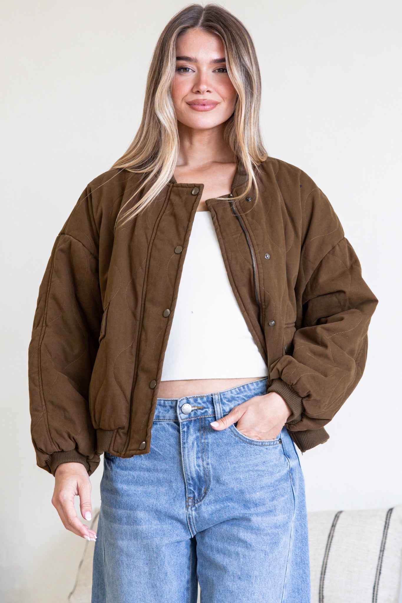 Brixton Jacket -  Round Neck Quilted Bomber Jacket with Zipper & Snap Button Closure in Khaki