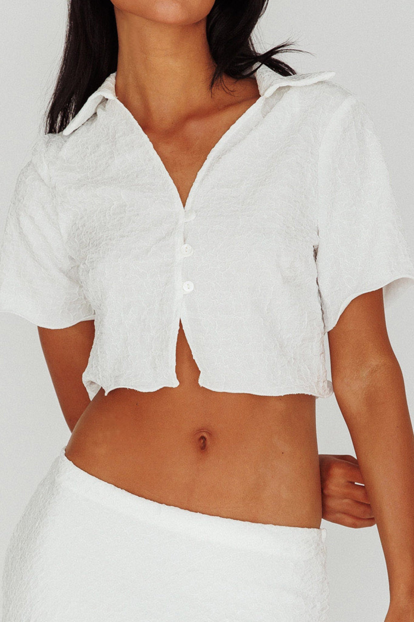 Roman Button-Up Crop Top Textured White