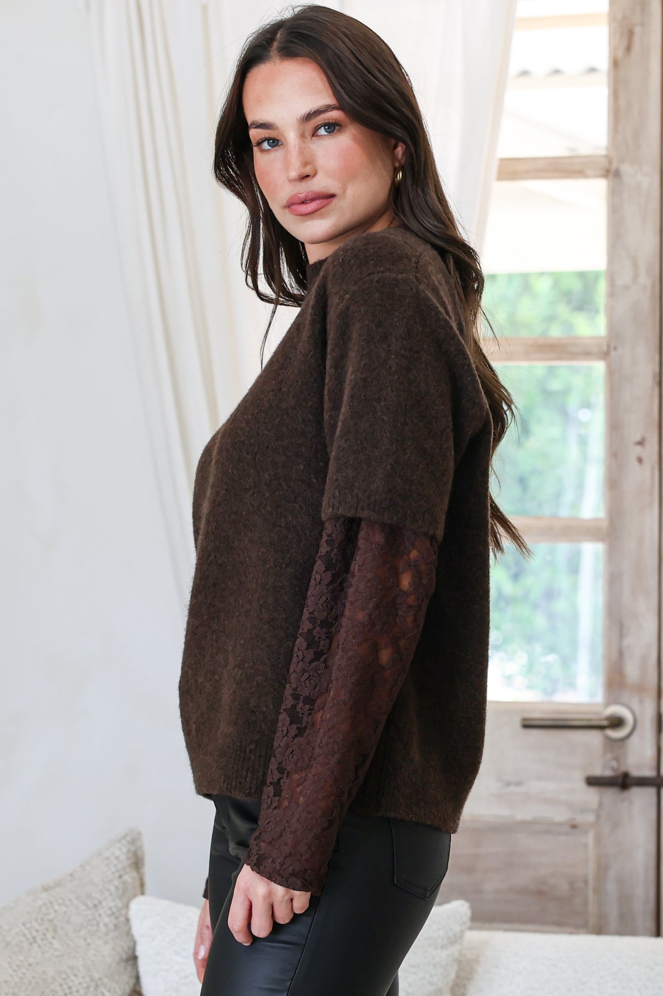 Calloway Knit Top - Crew Neck Knit with Lace Sleeve Inserts in Chocolate