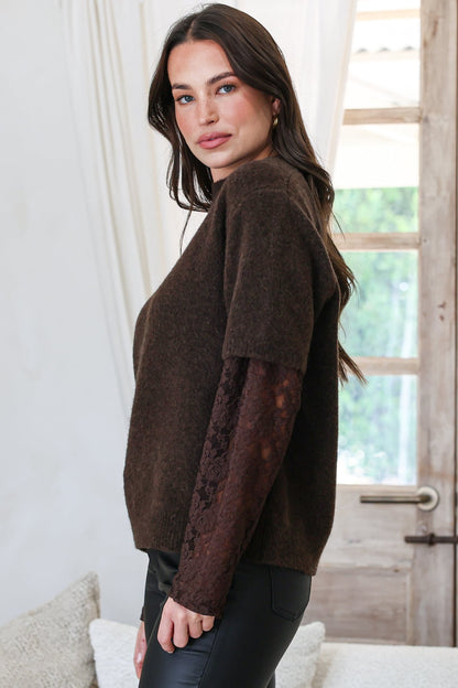 Calloway Knit Top - Crew Neck Knit with Lace Sleeve Inserts in Chocolate