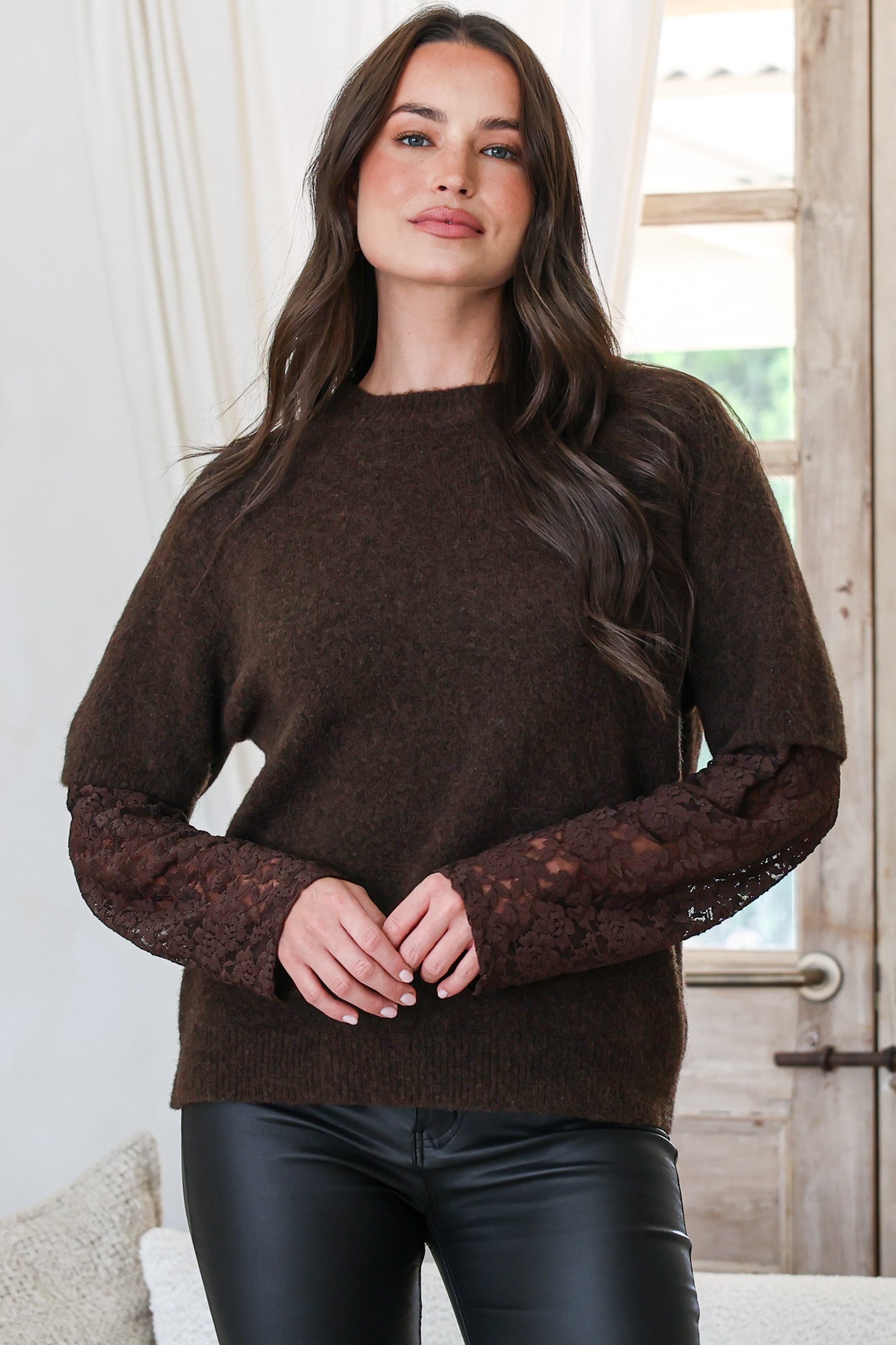 Calloway Knit Top - Crew Neck Knit with Lace Sleeve Inserts in Chocolate