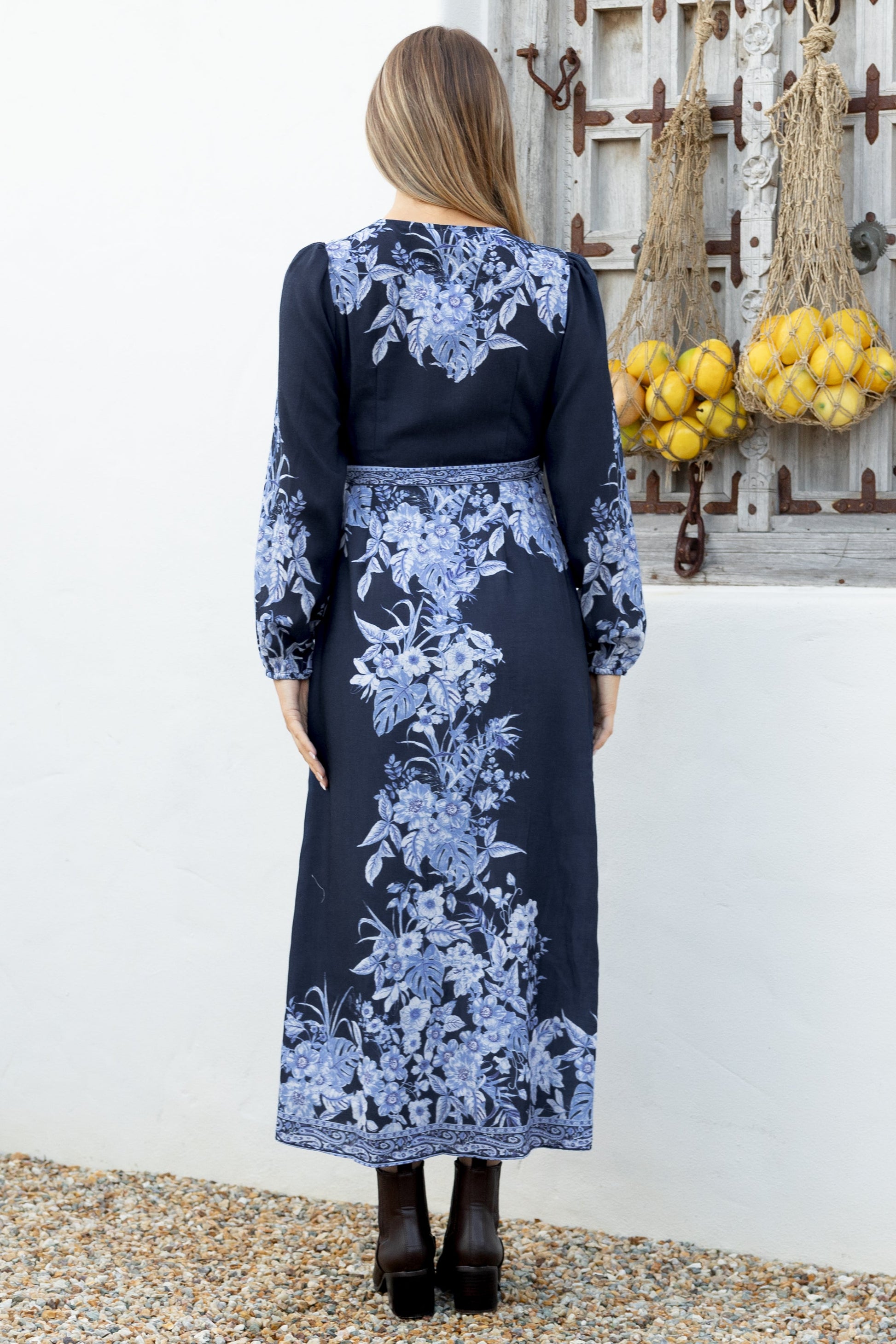 Carindi Midi Dress - V Neck Wrap Dress with Long Balloon Sleeves in Breakwater Print
