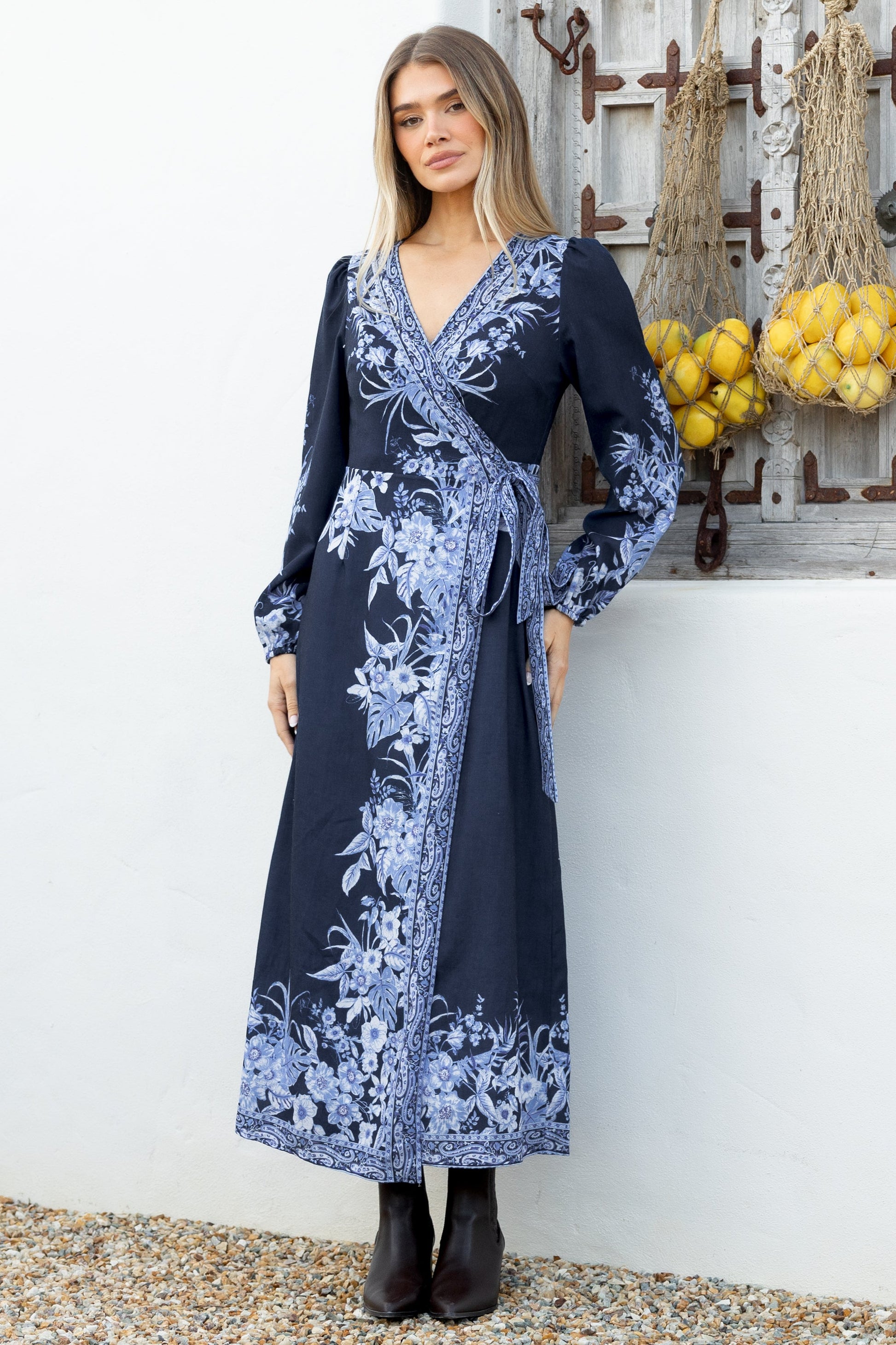 Carindi Midi Dress - V Neck Wrap Dress with Long Balloon Sleeves in Breakwater Print