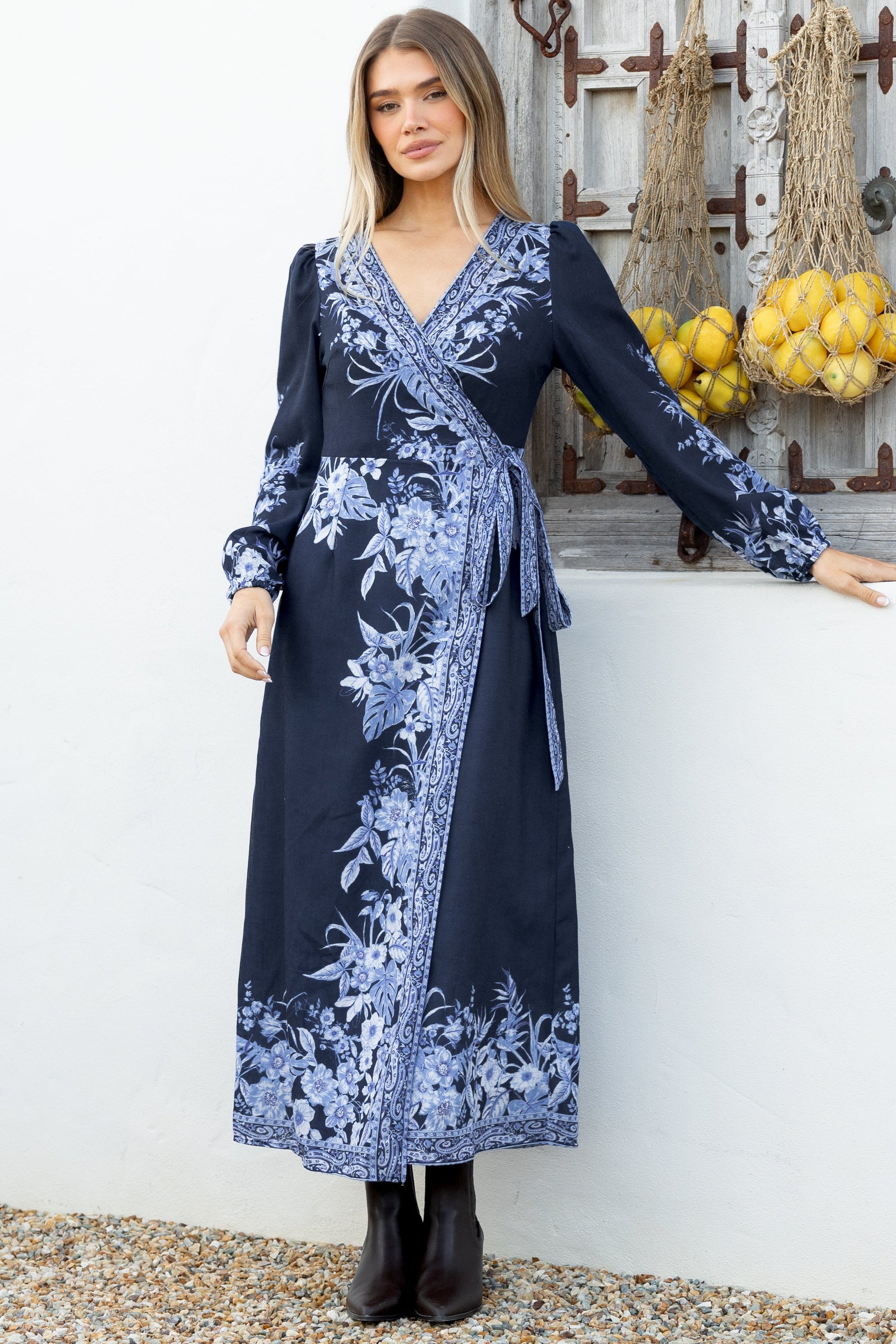 Carindi Midi Dress - V Neck Wrap Dress with Long Balloon Sleeves in Breakwater Print