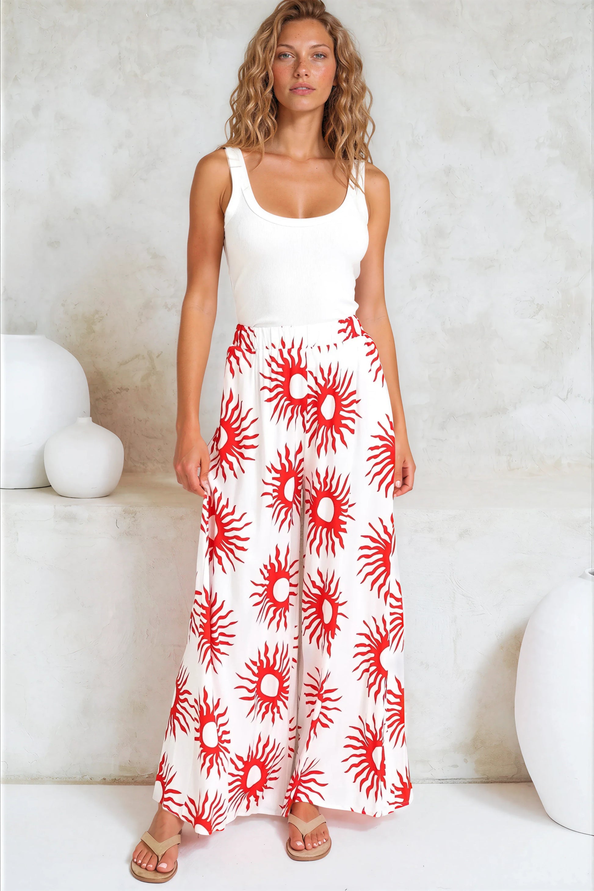 Channing Pants - High Waisted Wide-Leg Pants with Pockets in Solar Print Red