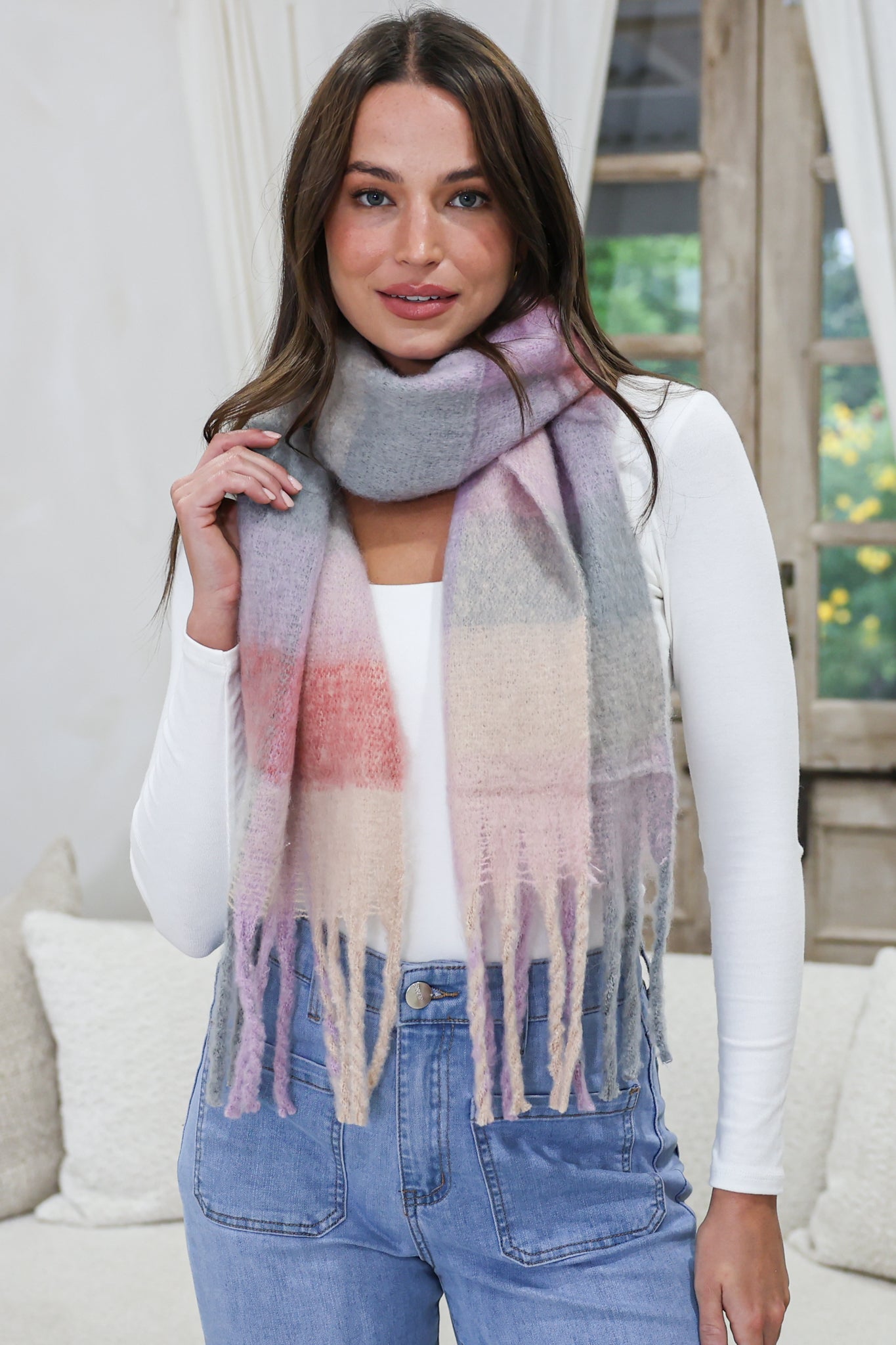 Chaplin Scarf - Soft Cozy Wrap Scarf Check Print in Pink Multi