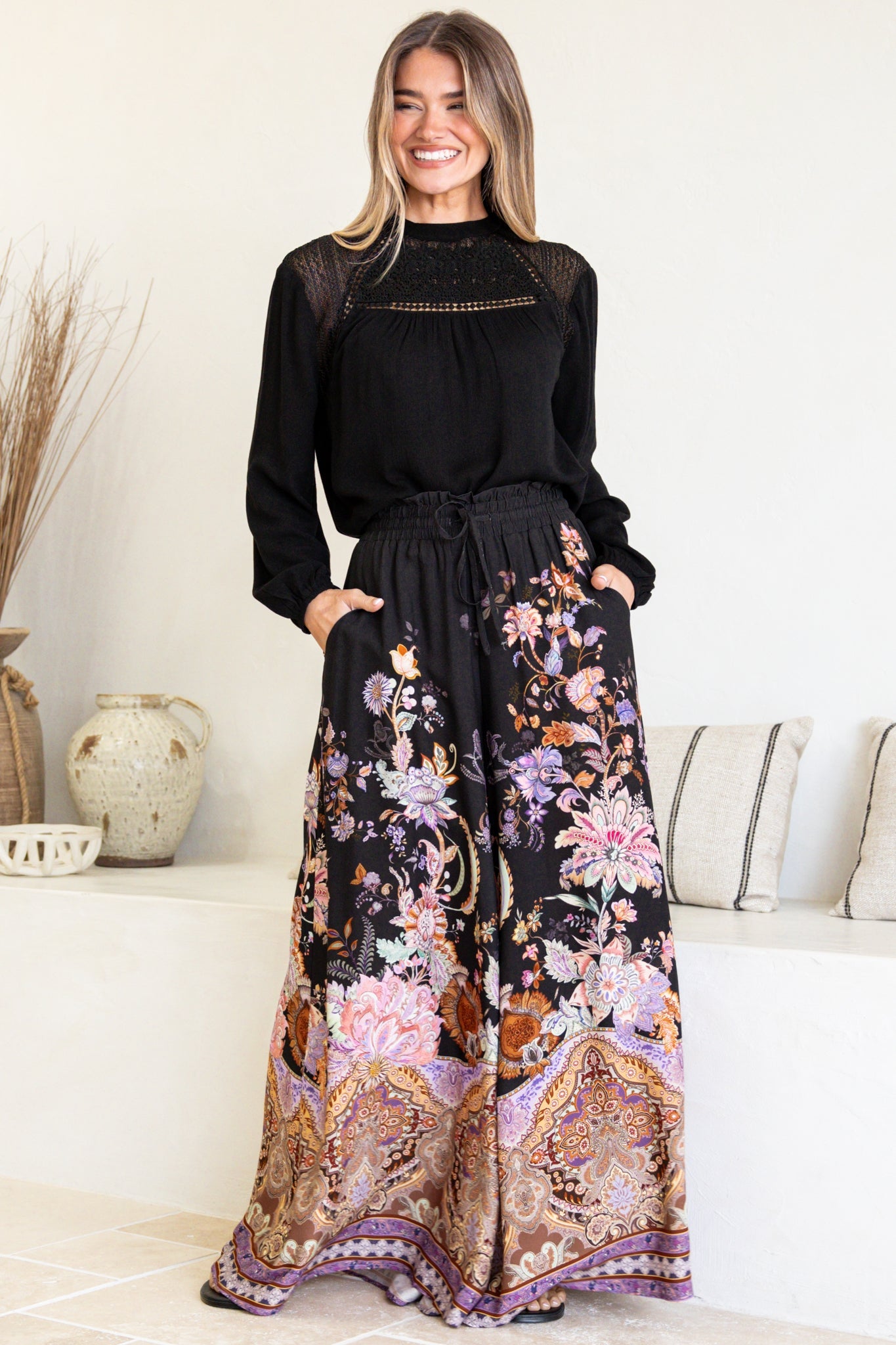 Charli Pants - Paper Bag High Waisted Wide Leg Pants in Zaria Print