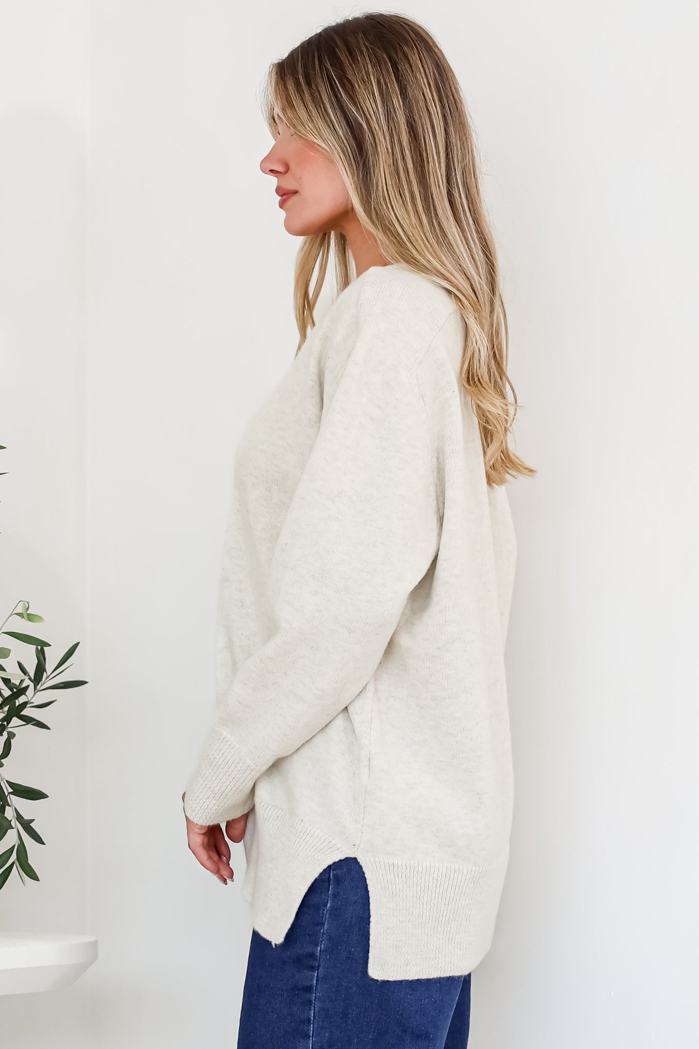 Clarke Jumper - V-Neck Batwing Sleeve Ribbed Step Hemline Knit in Beige