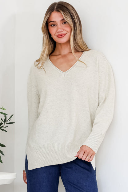 Clarke Jumper - V-Neck Batwing Sleeve Ribbed Step Hemline Knit in Beige