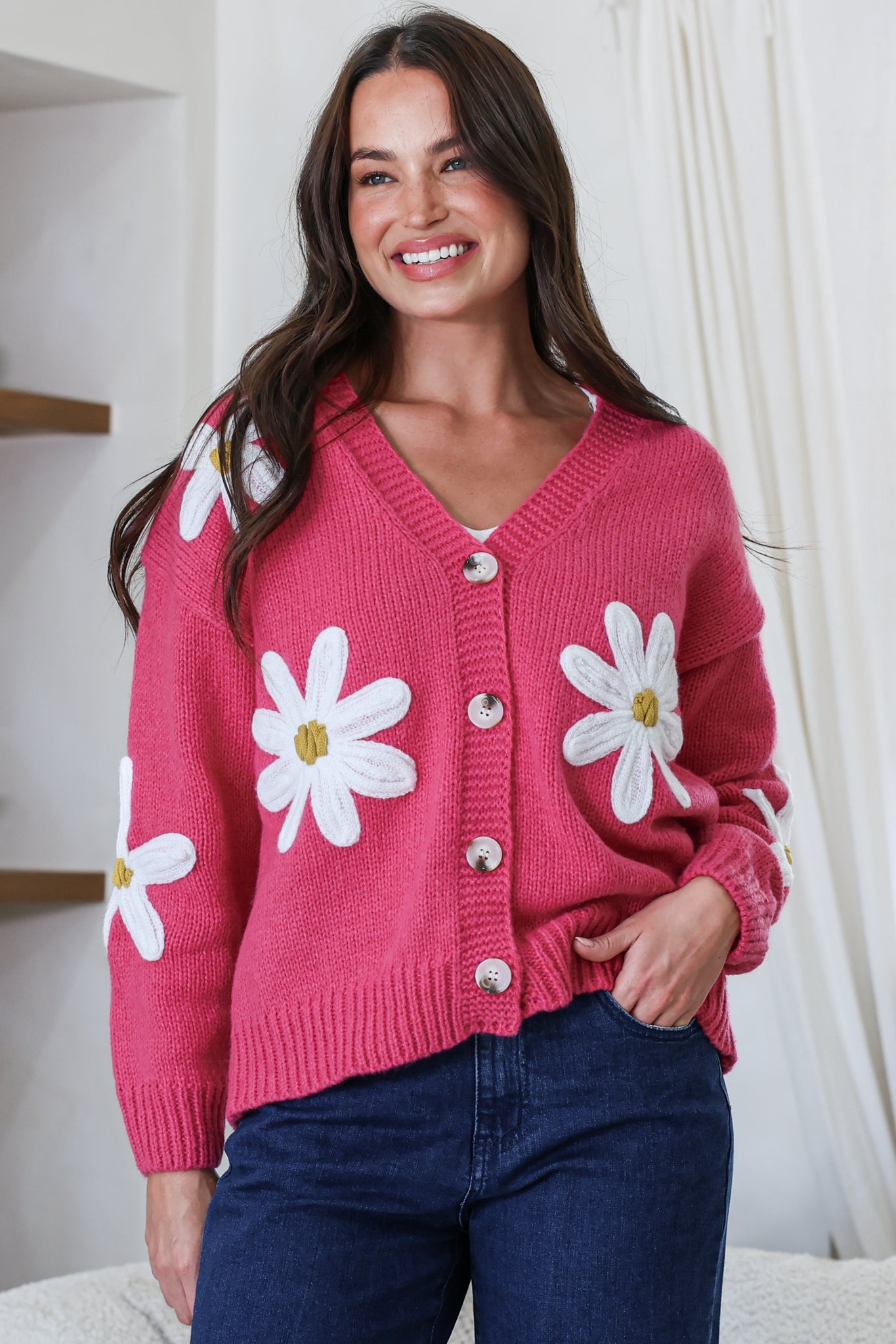 Daisy Belle Cardigan - Cropped Thick Knit Cardigan with Flower Decals in Hot Pink