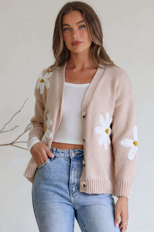 Daisy Belle Cardigan - Cropped Thick Knit Cardigan with Flower Decals in Beige