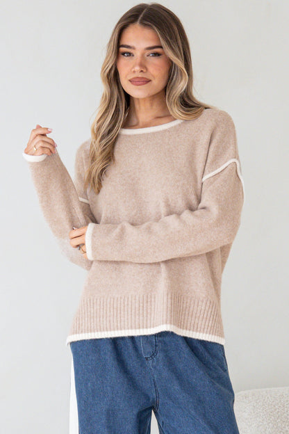 Dean Jumper - Crew Neck Contrast Trim Step Hem Knit in Latte
