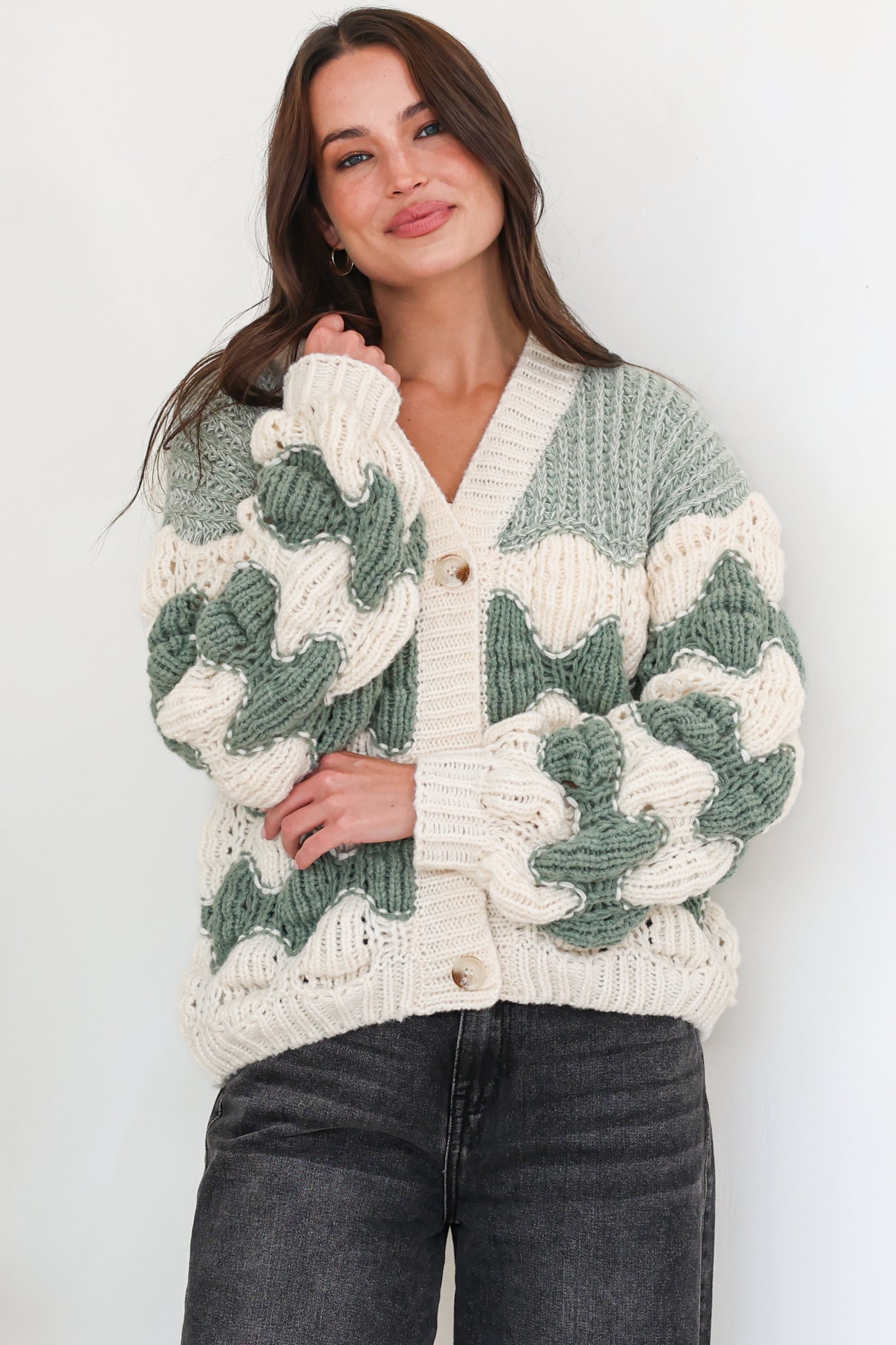 Deborah Cardigan - Relaxed Button Front Stripe Bubble Knit in Green