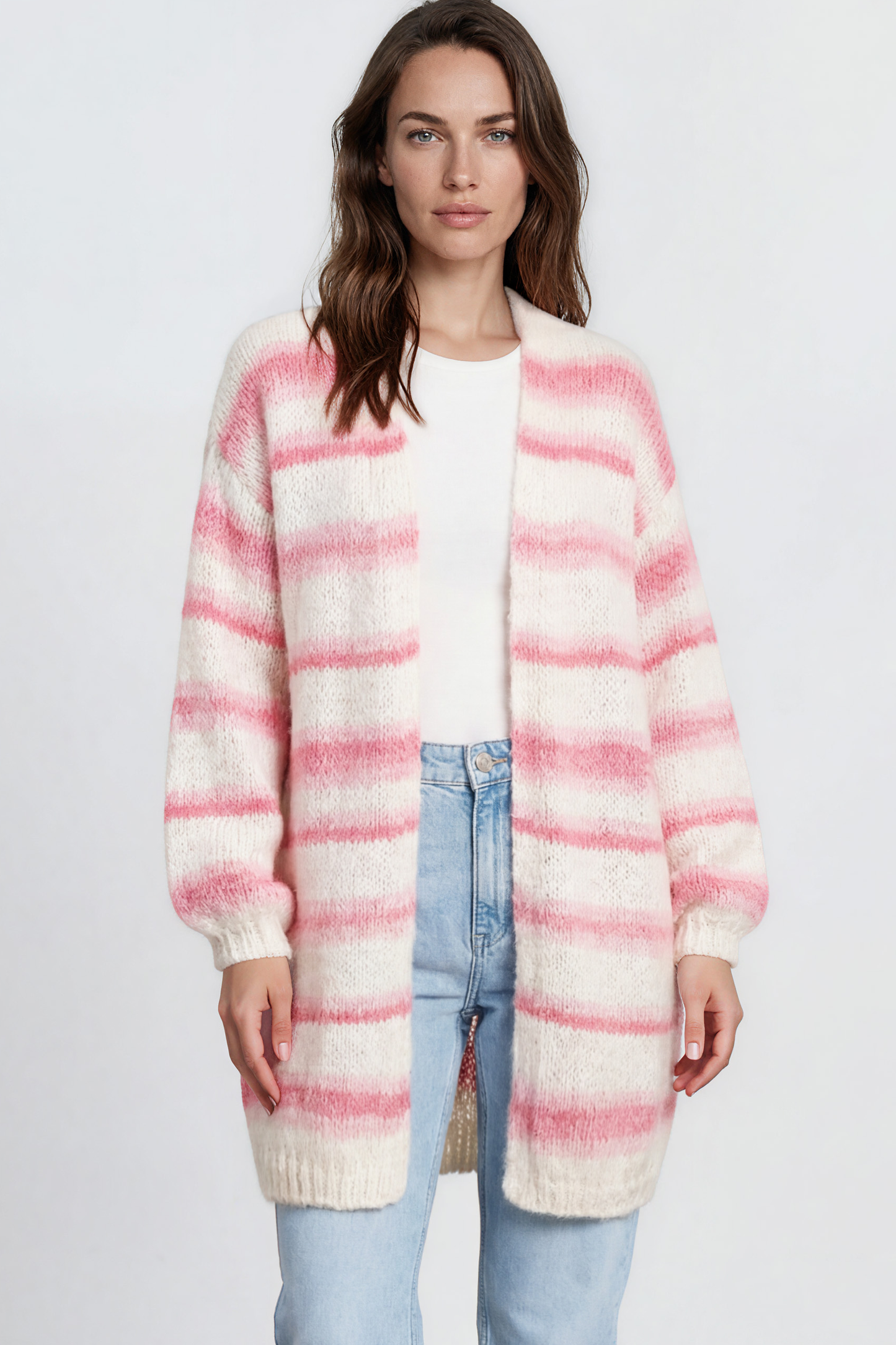 Delaney Cardigan - Open Front Stripe Knit with Pockets in Pink