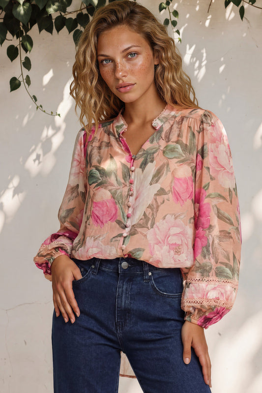 Diandra Blouse - Lace Trim Mandarin Collar Button Down with Balloon Sleeves in Tiana Print Pink