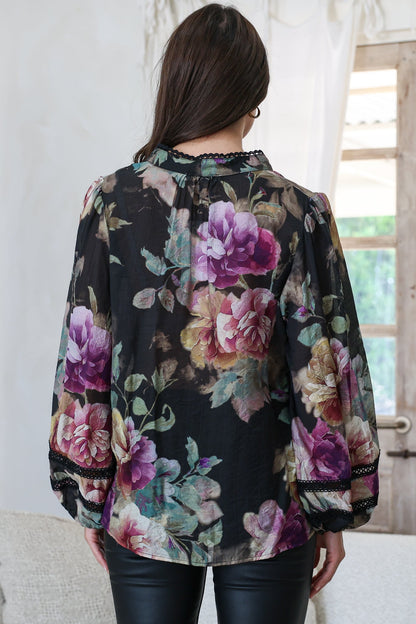 Diandra Blouse - Lace Trim Mandarin Collar Button Down with Balloon Sleeves in Scandalous Print