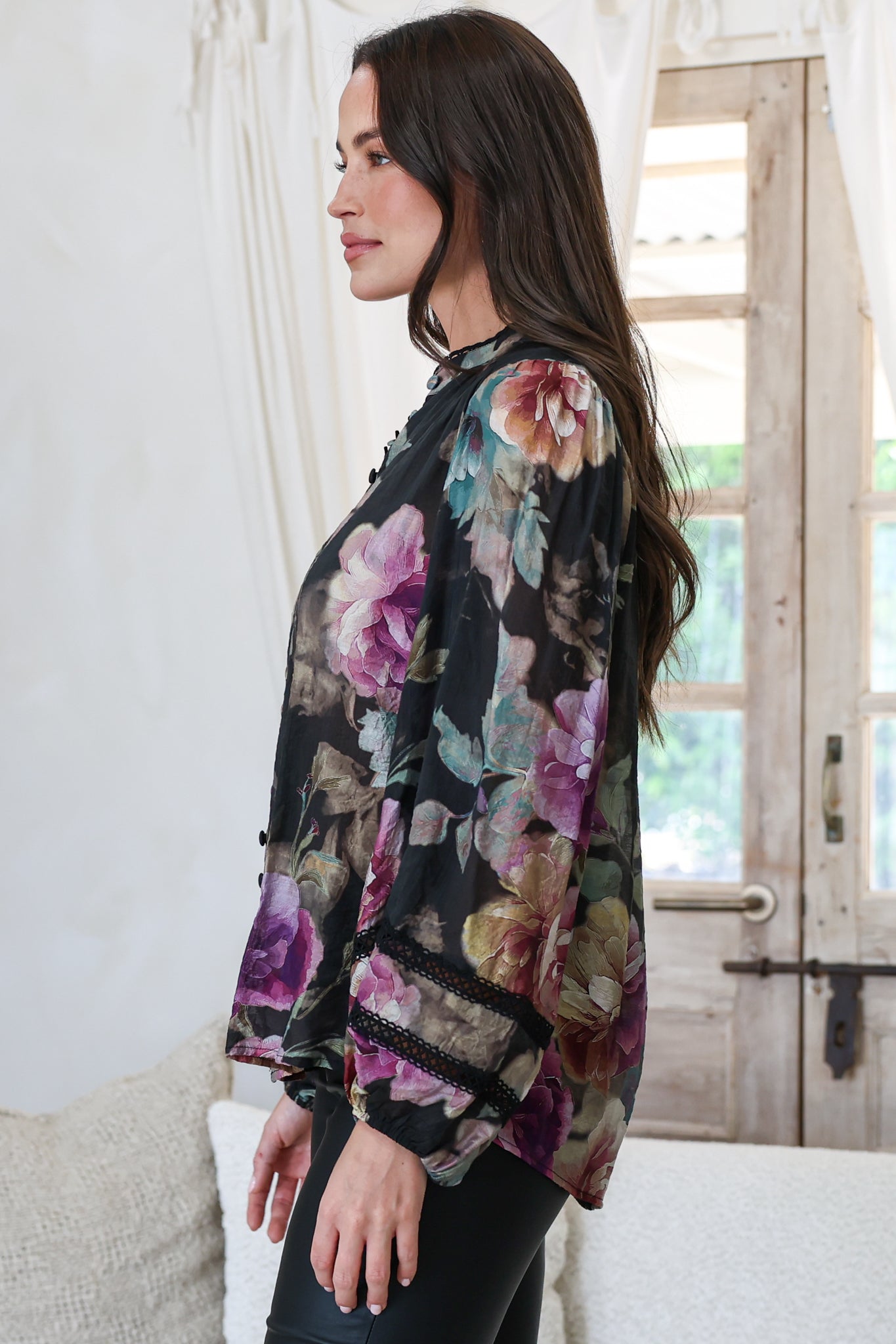 Diandra Blouse - Lace Trim Mandarin Collar Button Down with Balloon Sleeves in Scandalous Print