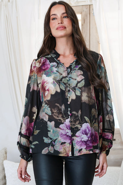 Diandra Blouse - Lace Trim Mandarin Collar Button Down with Balloon Sleeves in Scandalous Print