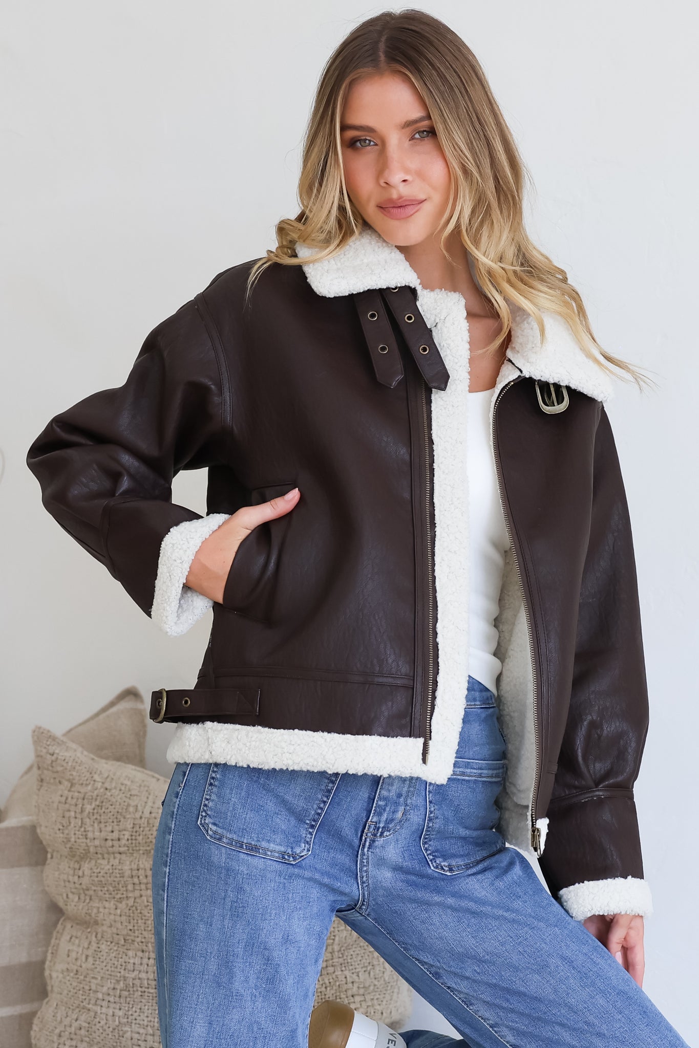 Domingo Jacket - Wing Collared Fleece Lined Biker Jacket in Brown