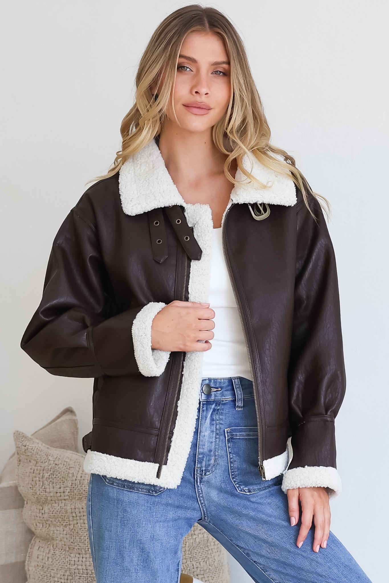 Domingo Jacket - Wing Collared Fleece Lined Biker Jacket in Brown