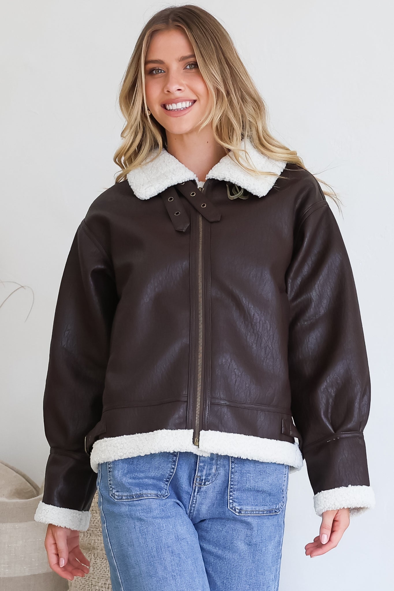 Domingo Jacket - Wing Collared Fleece Lined Biker Jacket in Brown