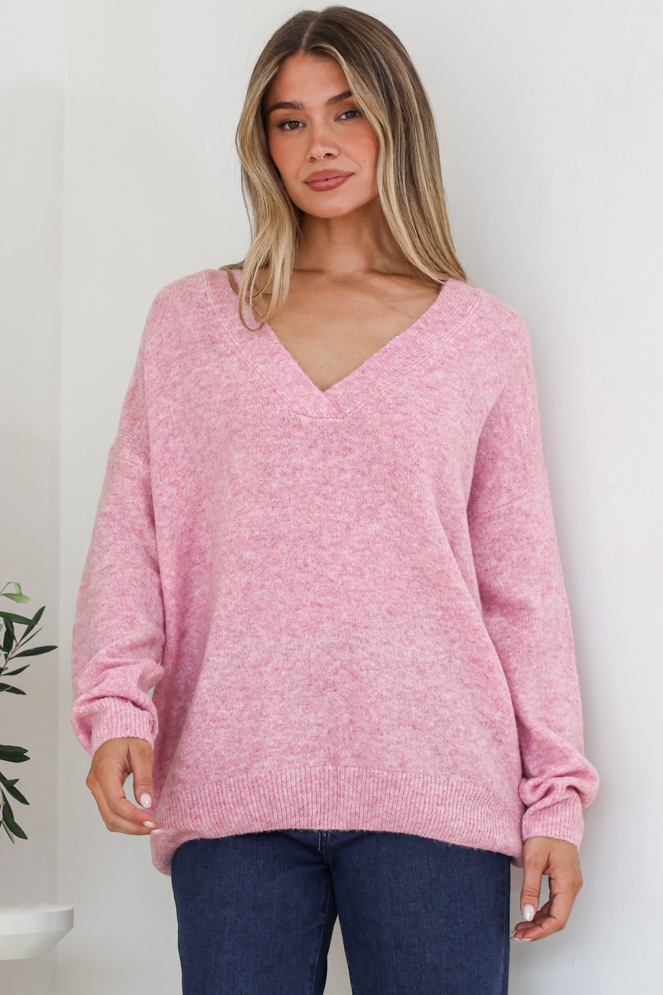 Donoven Jumper - V Neck Lightweight Knit with Ribbed Hemlines in Boysenberry