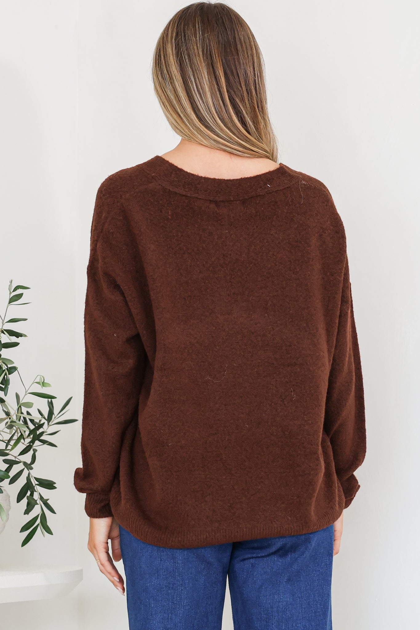 Donoven Jumper - V Neck Lightweight Knit with Ribbed Hemlines in Coffee