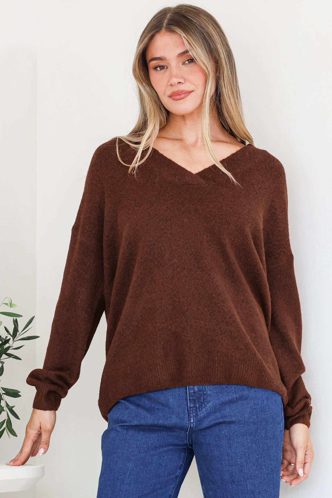 Donoven Jumper - V Neck Lightweight Knit with Ribbed Hemlines in Coffee