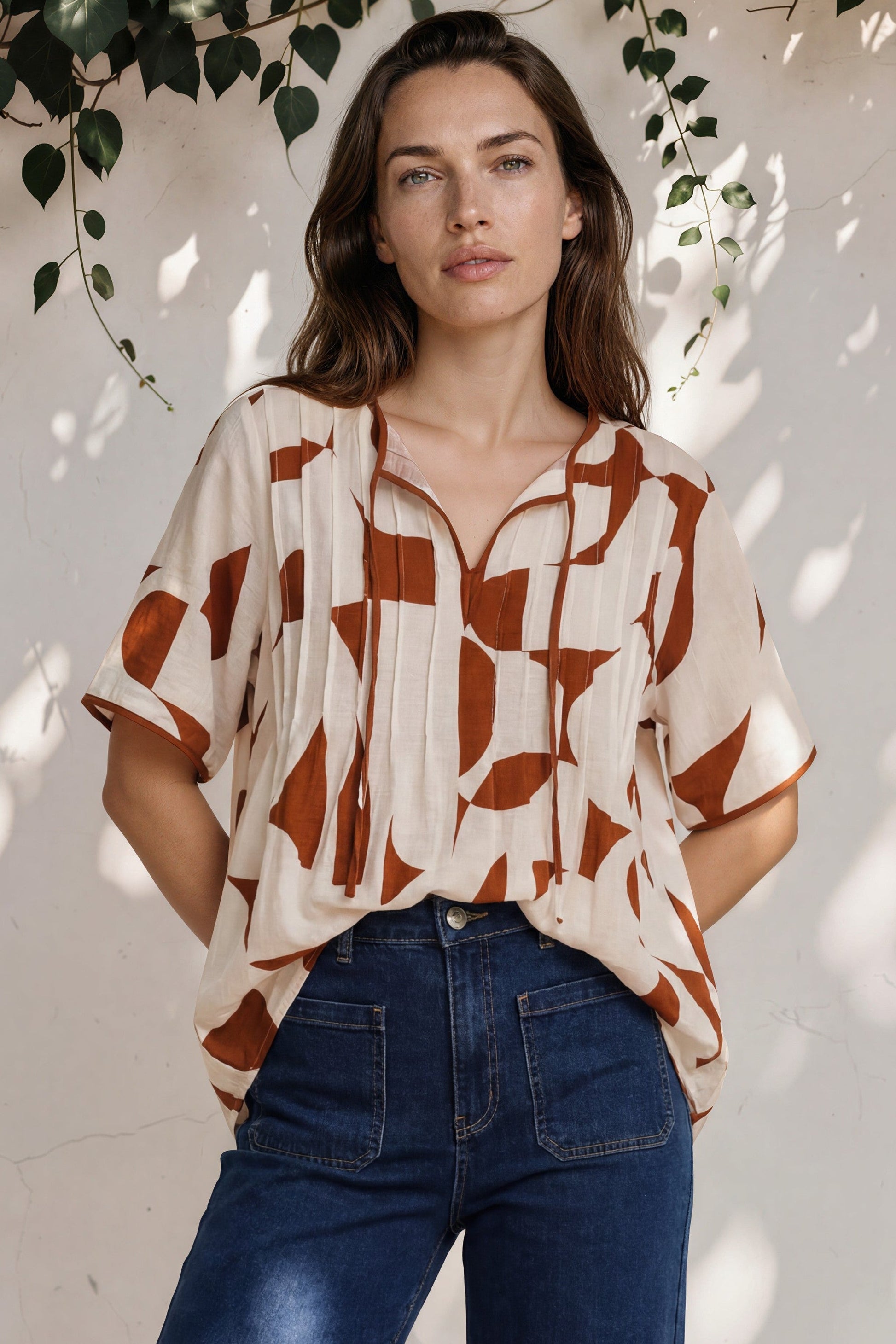 Druitt Top - Round Neck Pleated Bodice Pull Over with Double Neck Tie in Oasis Print