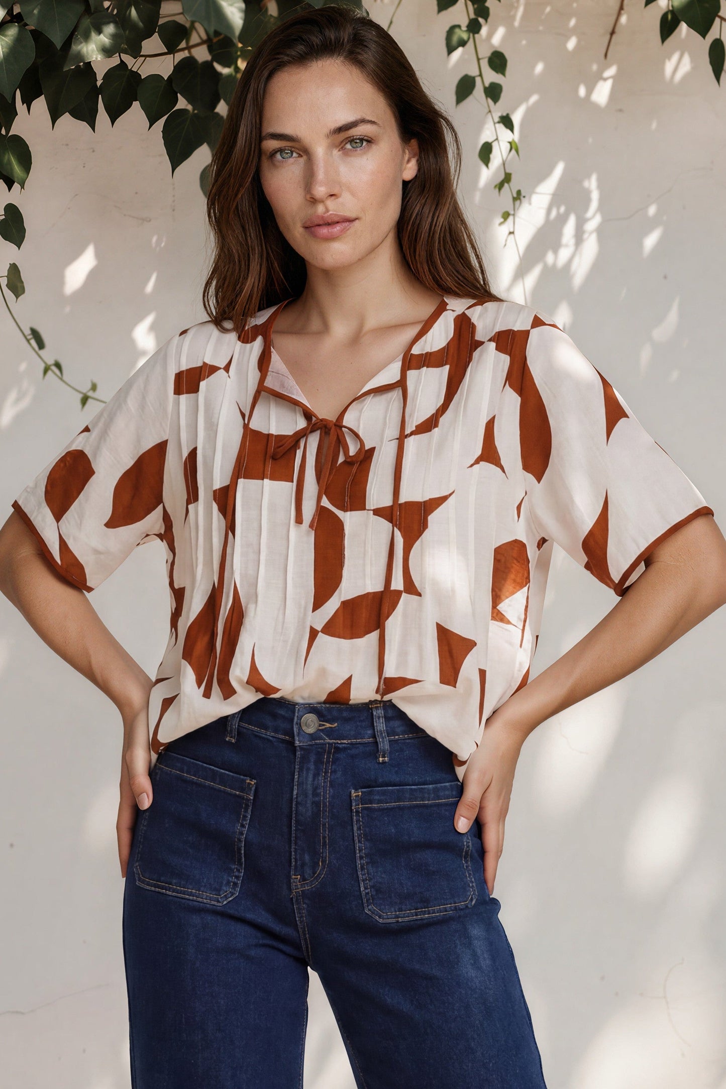 Druitt Top - Round Neck Pleated Bodice Pull Over with Double Neck Tie in Oasis Print