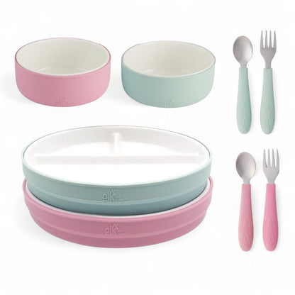 Elk and Friends Kids Porcelain Mealtime Bundle | Normal Sleeves | Blush/Sage