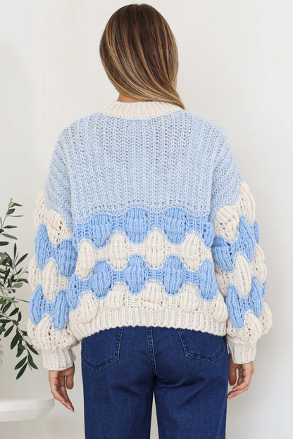 Eleanora Jumper - Crew Neck Bubble Sleeve Stripe Knit Jumper in Blue