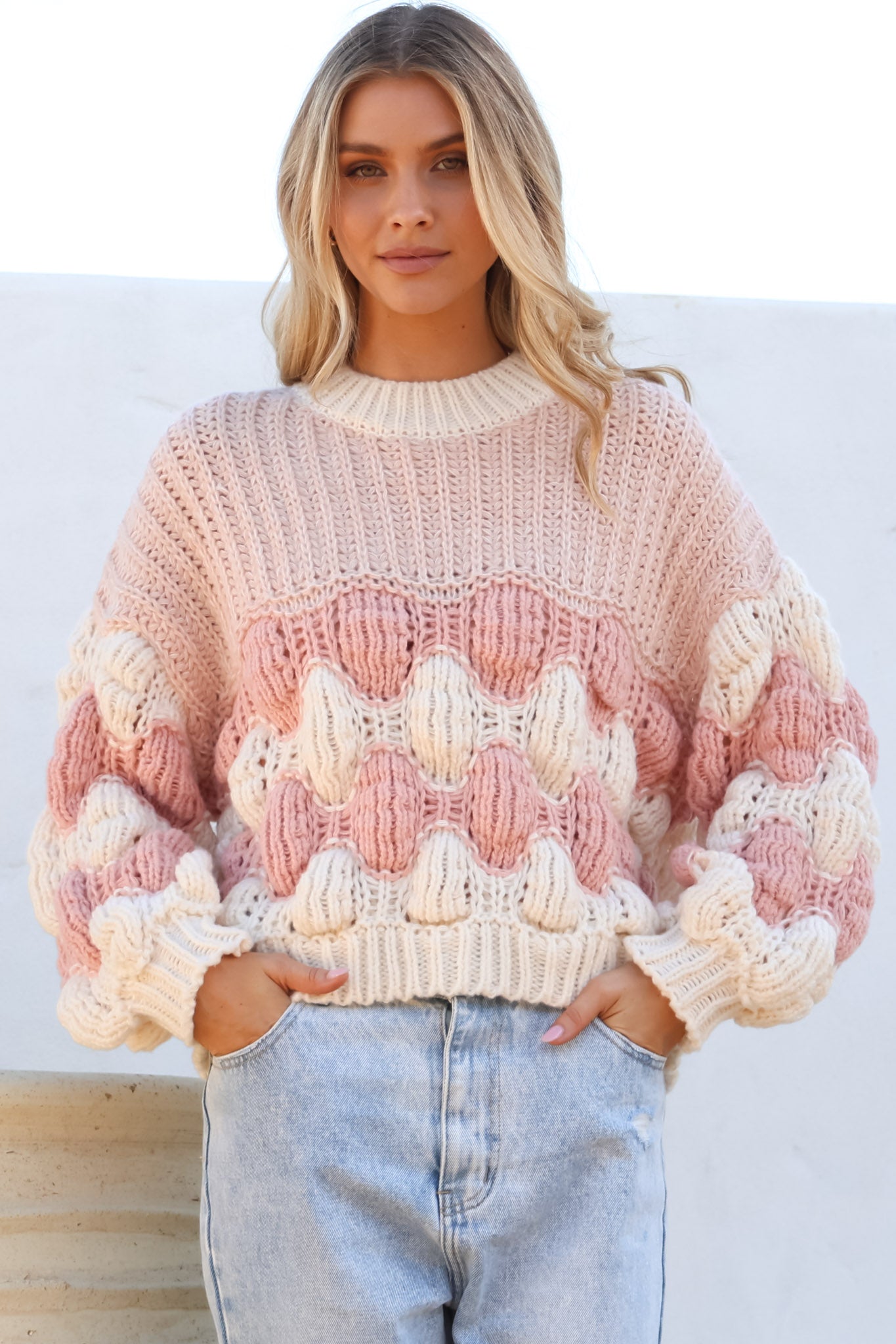 Eleanora Jumper - Crew Neck Bubble Sleeve Stripe Knit Jumper in Pink