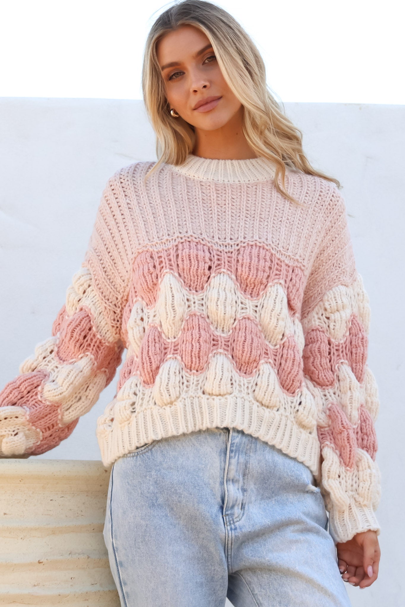 Eleanora Jumper - Crew Neck Bubble Sleeve Stripe Knit Jumper in Pink
