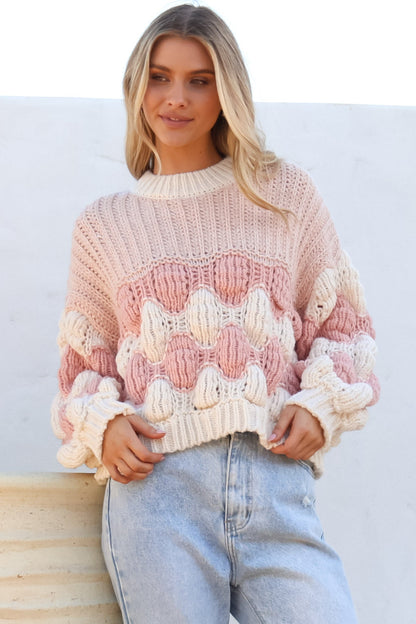 Eleanora Jumper - Crew Neck Bubble Sleeve Stripe Knit Jumper in Pink