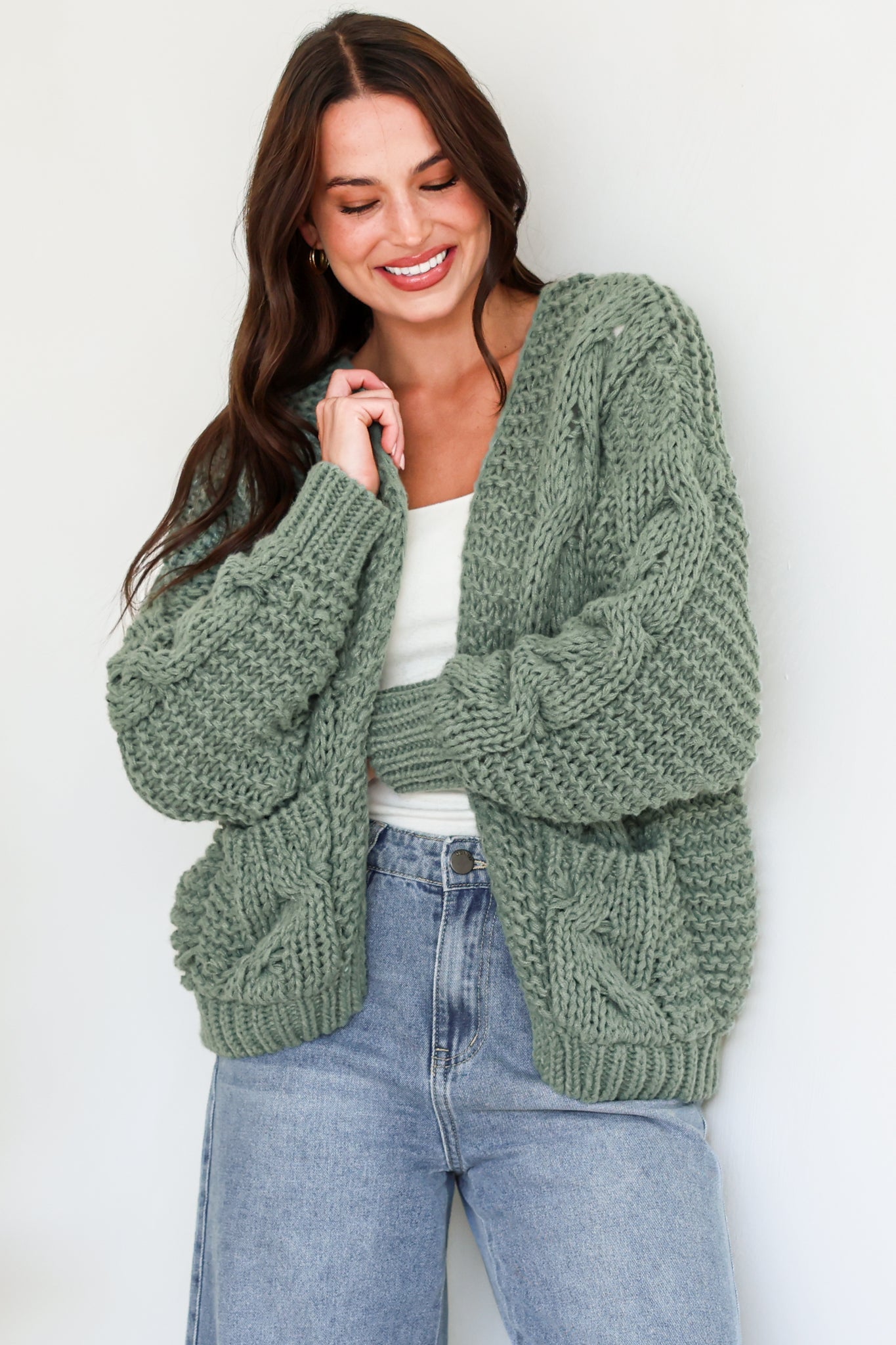 Elias Cardigan - Open Front Thick Cable Knit with Pockets in Sage